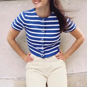 NWOT Zara Striped Nautical Short-Sleeve Cardigan Top - Blue White Anchor buttons